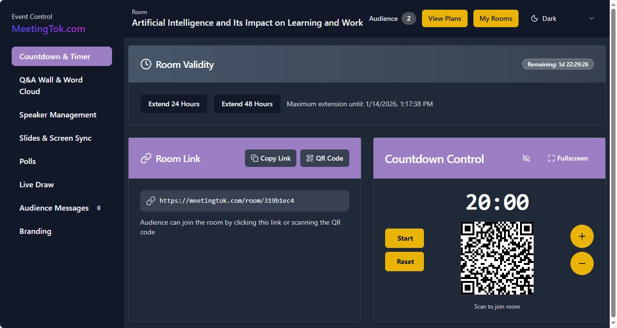 MeetingTok countdown timer control panel