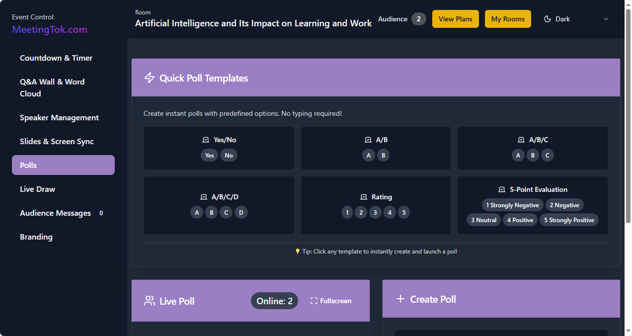 MeetingTok live poll dashboard with quick templates