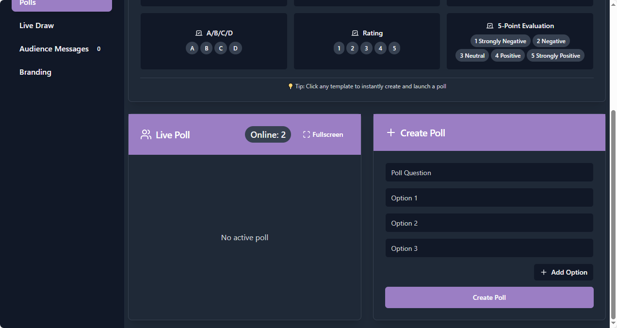 MeetingTok live draw and poll creation interface